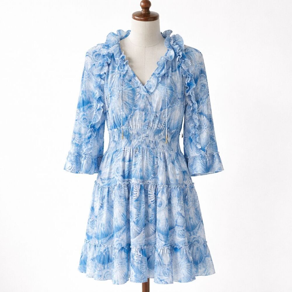 Chico's Chiffon Sheer Bell Sleeve Dress Size Small US 4 Ruffle Sea Shell Print